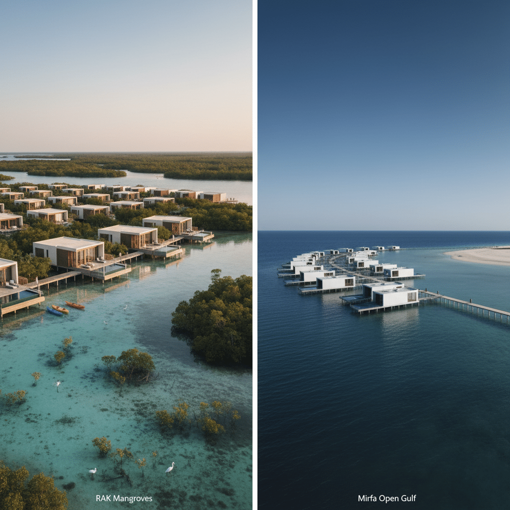 A split image showing two similar landscapes: the left side features modern coastal villas set among mangroves in Ras Al Khaimah, while the right side depicts overwater bungalows in the open gulf at Mirfa, both showcasing serene aquatic environments.