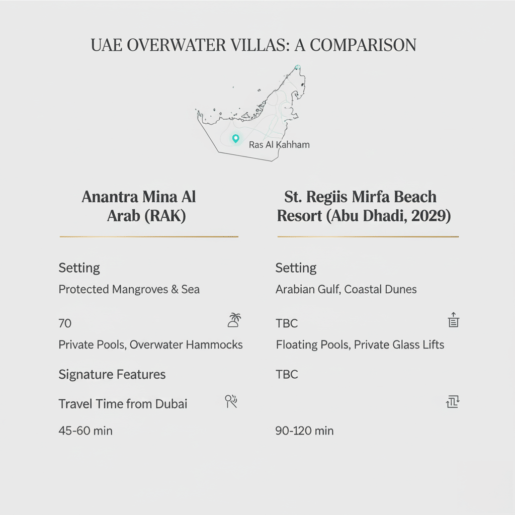 Comparison chart of UAE overwater villas featuring Anantra Mina Al Arab in Ras Al Khaimah and St. Regis Mirfa Beach Resort in Abu Dhabi. Anantra Mina Al Arab is set in protected mangroves and sea, offering 70 private pools and overwater hammocks, with a travel time from Dubai of 45-60 minutes. St. Regis Mirfa Beach Resort, available in 2029, is located along the Arabian Gulf and coastal dunes, with features like floating pools and private glass lifts, and a travel time from Dubai of 90-120 minutes. The exact number of pools and additional features for St. Regis are to be confirmed.
