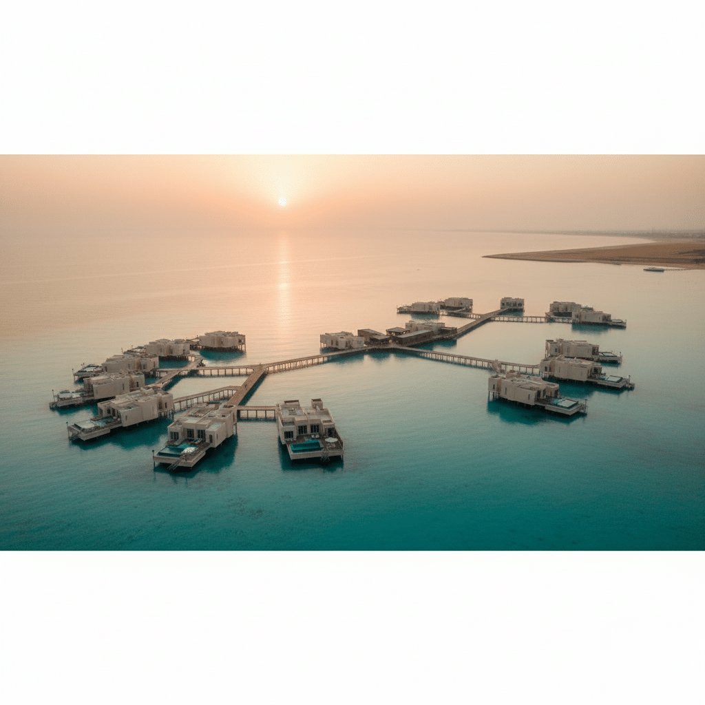 Aerial view of overwater villas connected by walkways, arranged in a star pattern on a turquoise sea with the sun setting on the horizon.
