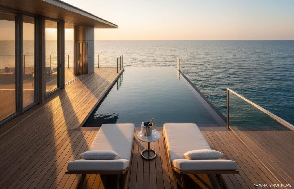 A modern oceanfront infinity pool with two lounge chairs and a small table on a wooden deck, overlooking a serene body of water at sunset.