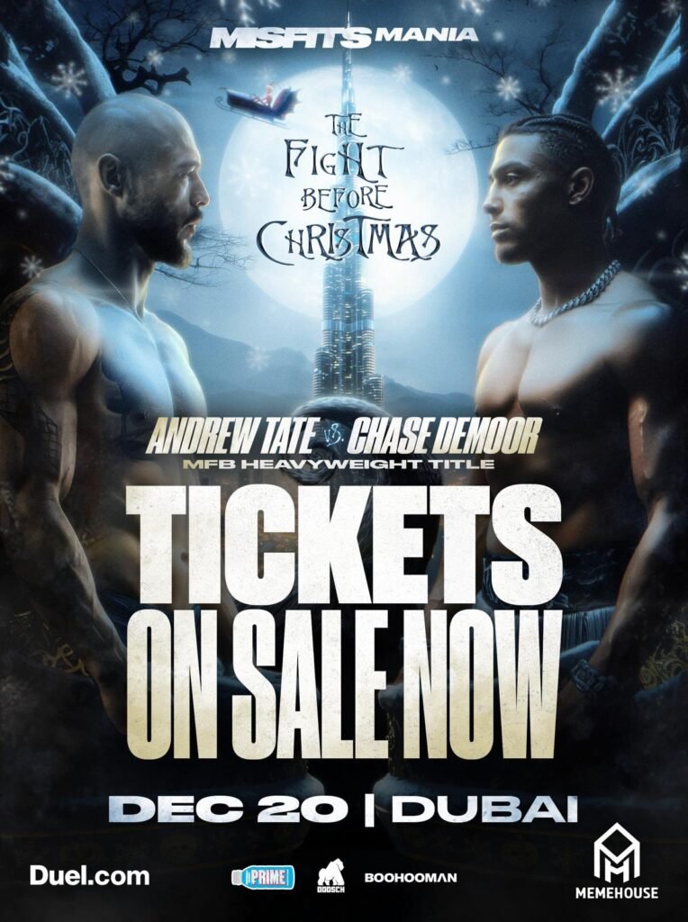 Promotional poster for "The Fight Before Christmas" featuring two bare-chested men facing each other. The event is scheduled for December 20 in Dubai, with tickets on sale now. The background shows a snowy scene with a full moon and a sleigh in front of a skyscraper. Andrew Tate vs Chase DeMoor