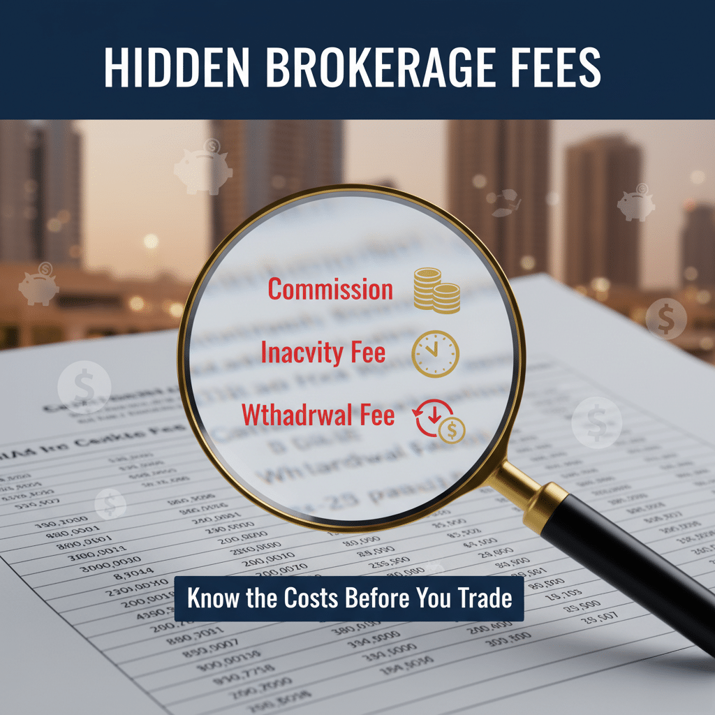 Best Brokerage Firms in Dubai. Image showing a magnifying glass highlighting the words 'Commission,' 'Inactivity Fee,' and 'Withdrawal Fee' on a financial document, with text above reading 'Hidden Brokerage Fees' and below reading 'Know the Costs Before You Trade.' Background includes a blurred cityscape.