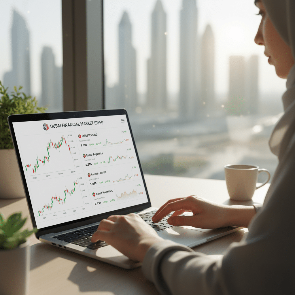 Best Brokerage Firms in Dubai. A person wearing a hijab is using a laptop displaying stock market data for the Dubai Financial Market, with graphs and figures visible on the screen, set against a backdrop of skyscrapers seen through a window.