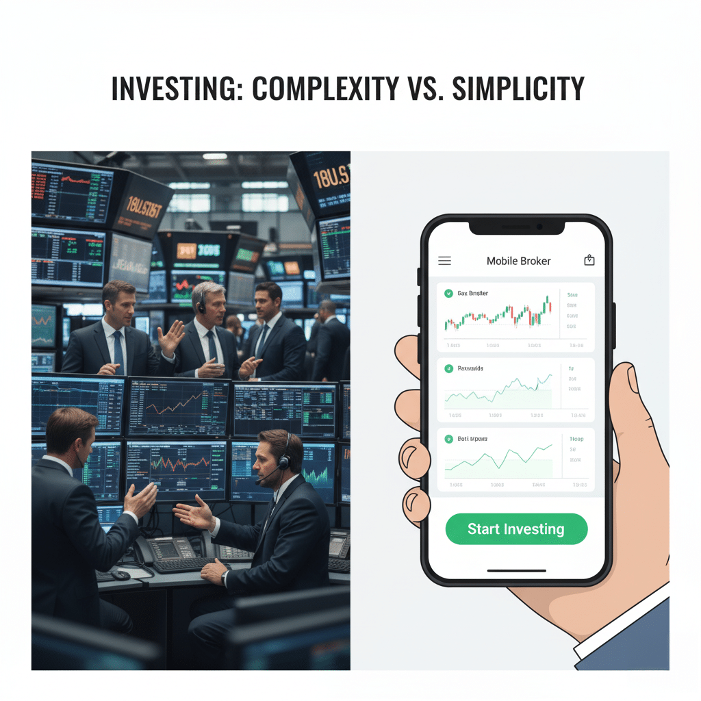 Best Brokerage Firms in Dubai. A split image showing a busy stock trading floor on the left with multiple traders and screens displaying financial data, contrasted with a simple mobile investing app interface on the right, illustrating the concept of investing complexity versus simplicity.
