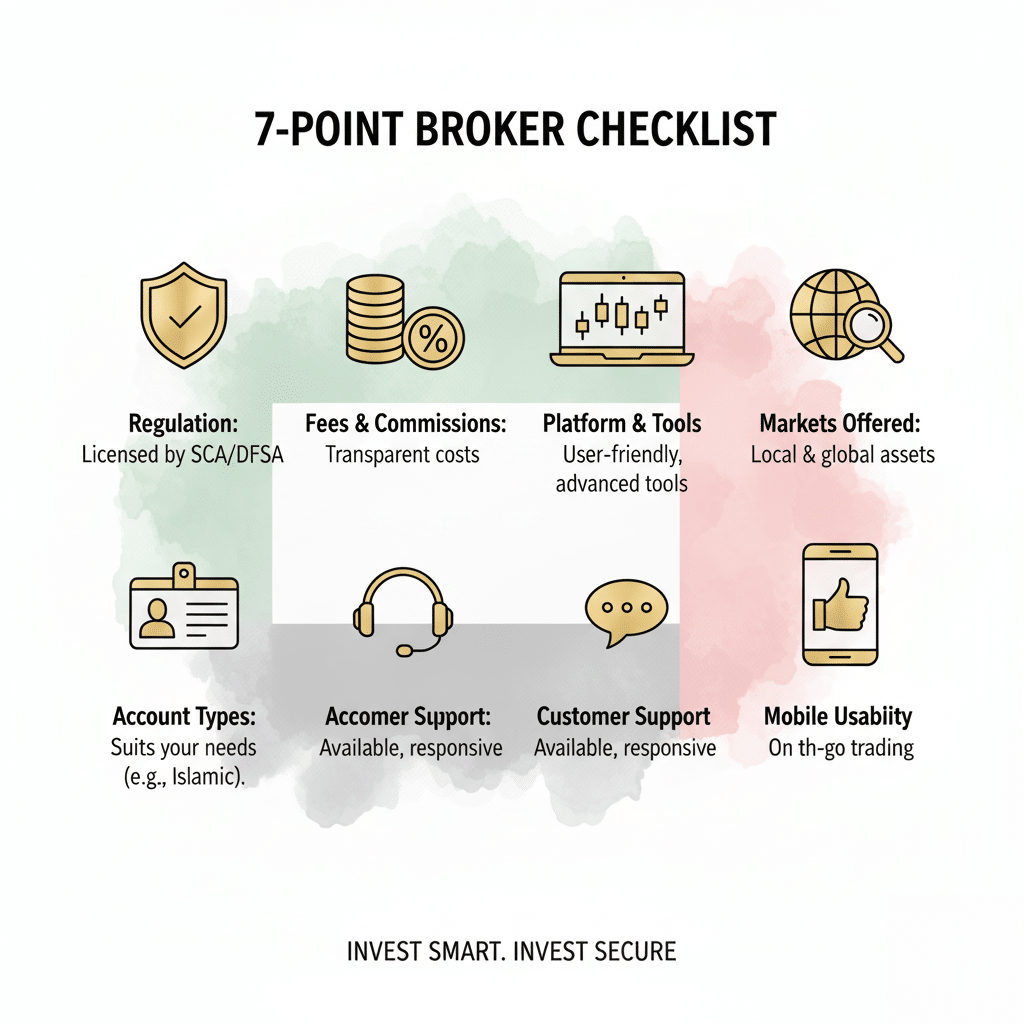 An illustrated graphic titled '7-Point Broker Checklist' with icons and text detailing the following points: Regulation (licensed by SCA/DFSA), Fees & Commissions (transparent costs), Platform & Tools (user-friendly, advanced tools), Markets Offered (local & global assets), Account Types (suits your needs, e.g., Islamic), Accomer Support (available, responsive), and Mobile Usability (on the go trading). At the bottom, the text reads 'Invest Smart. Invest Secure.'