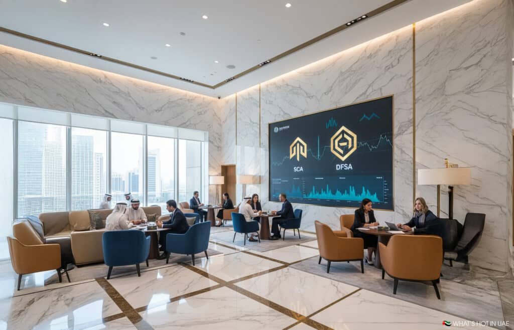 A modern office lobby with marble walls and floor, featuring several groups of people sitting and having discussions. A large digital screen displays logos and financial graphs, with city buildings visible through the large windows.