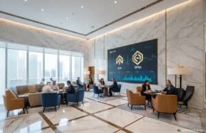 A modern office lobby with marble walls and floor, featuring several groups of people sitting and having discussions. A large digital screen displays logos and financial graphs, with city buildings visible through the large windows.