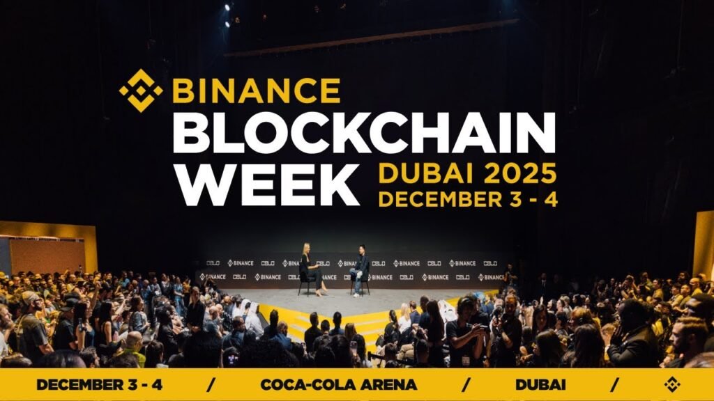 Promotional image for Binance Blockchain Week Dubai 2025, displaying event details: December 3-4 at Coca-Cola Arena, with a stage and audience in view.