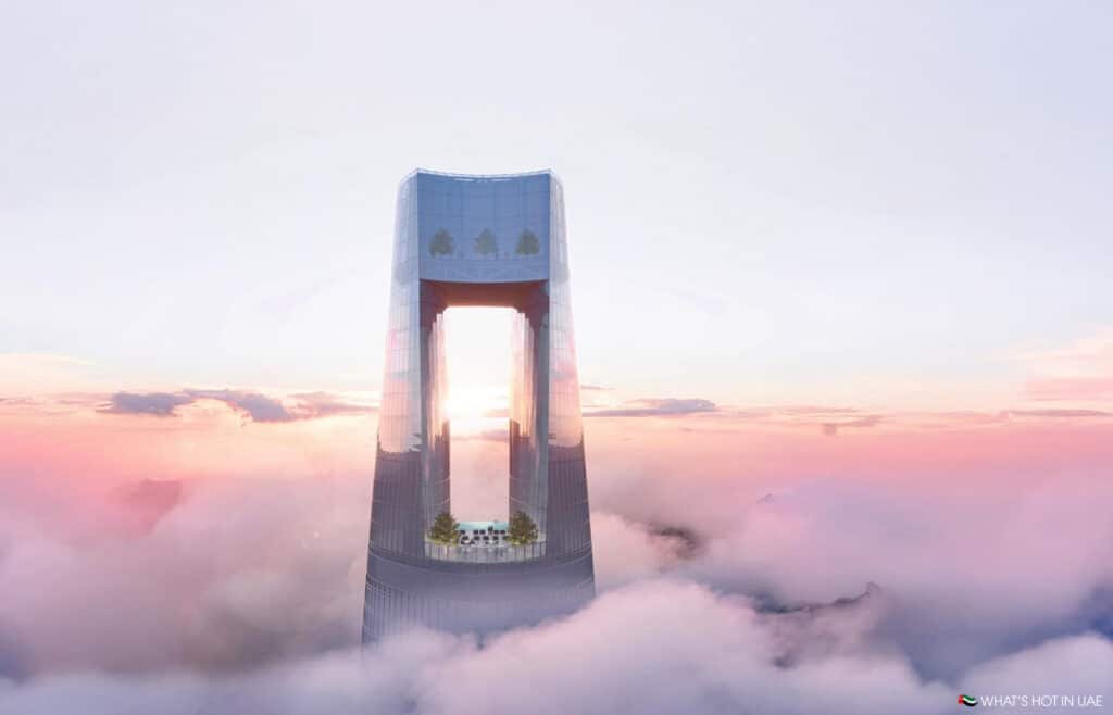 A futuristic skyscraper with a hollow center and rooftop gardens, extending above clouds during a sunrise or sunset, creating a surreal atmosphere.