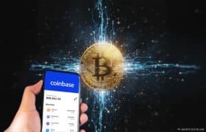 A hand holding a smartphone displaying the Coinbase app with a cryptocurrency portfolio balance and several digital currency prices, in front of a glowing Bitcoin symbol on a digital background.