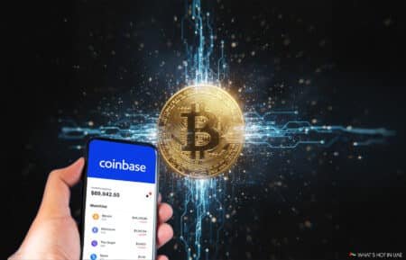 A hand holding a smartphone displaying the Coinbase app with a cryptocurrency portfolio balance and several digital currency prices, in front of a glowing Bitcoin symbol on a digital background.