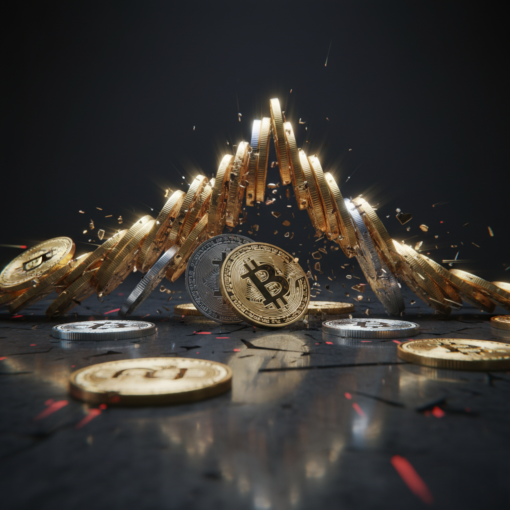 Crypto Sentiment: A digital depiction of various cryptocurrency coins, including prominent Bitcoin symbols, arranged dynamically with some appearing to fall, surrounded by glowing sparks, against a dark background.