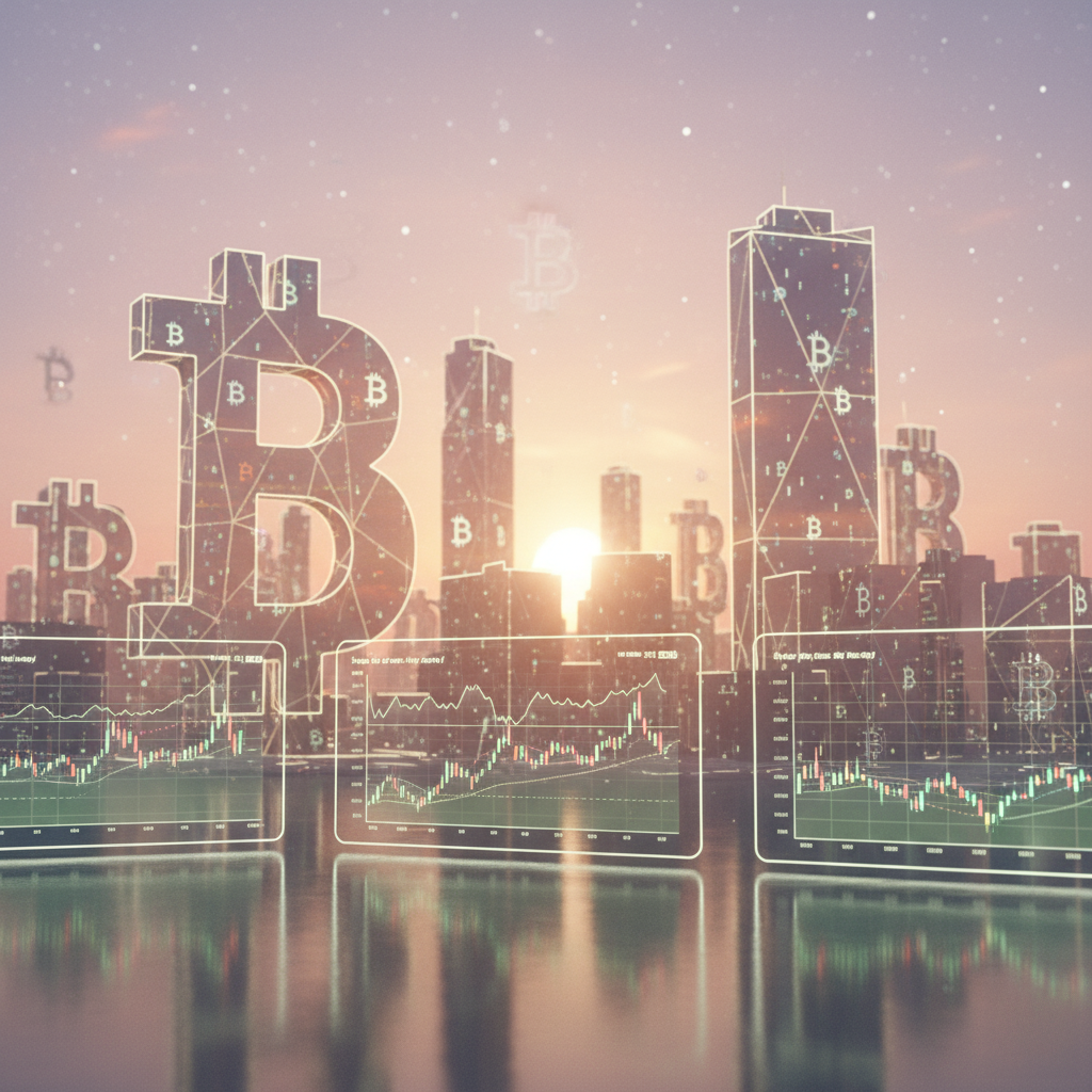 Crypto Sentiment: A city skyline during sunset with large Bitcoin symbols and financial charts superimposed over the buildings, representing cryptocurrency trading and blockchain technology.