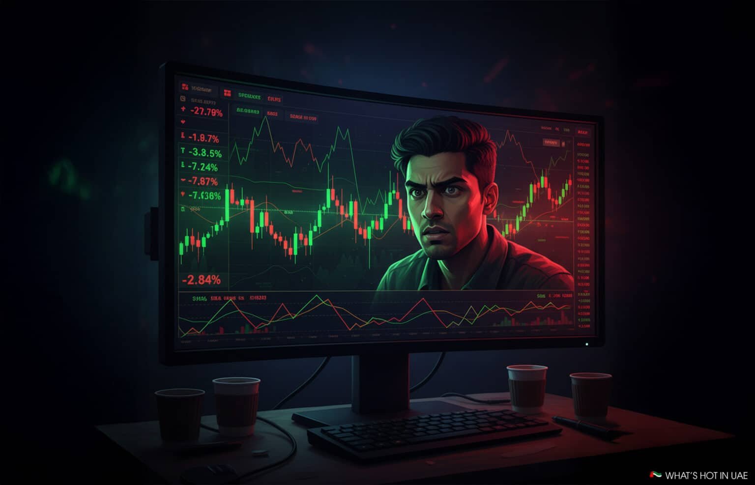 A worried man is depicted on a computer screen displaying financial graphs and charts, with red and green indicators suggesting market trends. The scene is set in a dimly lit room with multiple coffee cups and a keyboard in front of the monitor.