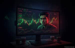A worried man is depicted on a computer screen displaying financial graphs and charts, with red and green indicators suggesting market trends. The scene is set in a dimly lit room with multiple coffee cups and a keyboard in front of the monitor.
