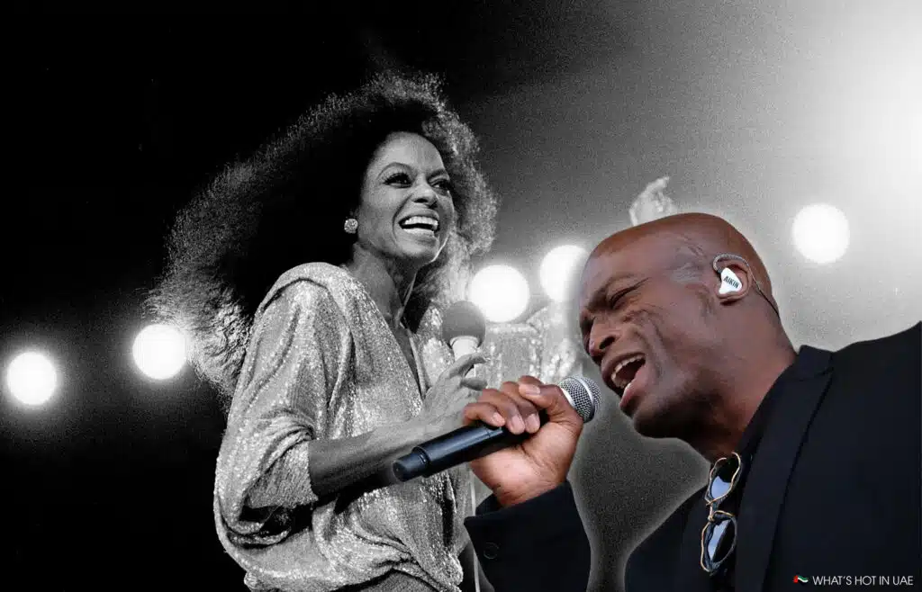 A composite image featuring a black and white portrait of a woman singing passionately into a microphone with studio lights behind her, alongside a color image of a man singing with earbuds and glasses hanging around his neck.