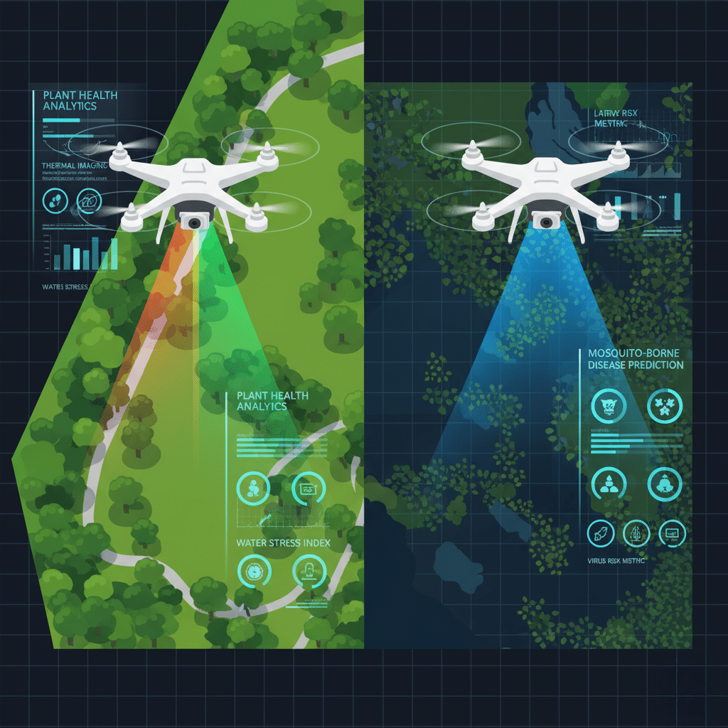 Illustration showing two drones flying over landscapes. The left drone is above a forest area, analyzing plant health with thermal imaging and a water stress index. The right drone is flying over a darker terrain, focusing on mosquito-borne disease prediction with virus risk metrics. Both drones emit colored scanning beams and are surrounded by digital data displays. Dubai Smart Drone Technology