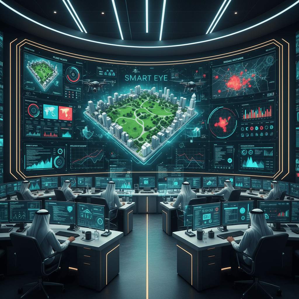 A high-tech control room with multiple computer stations, featuring men in traditional attire working on large monitors displaying analytics and maps. The central screen shows a 3D Dubai Smart Drone Technology model of a city with a park, labeled "Smart Eye." The environment has a futuristic design with curved screens and a sophisticated lighting setup.