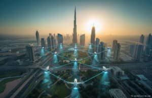 Futuristic cityscape with drones flying in a network pattern above a modern skyline, featuring tall skyscrapers and the Burj Khalifa at sunrise.