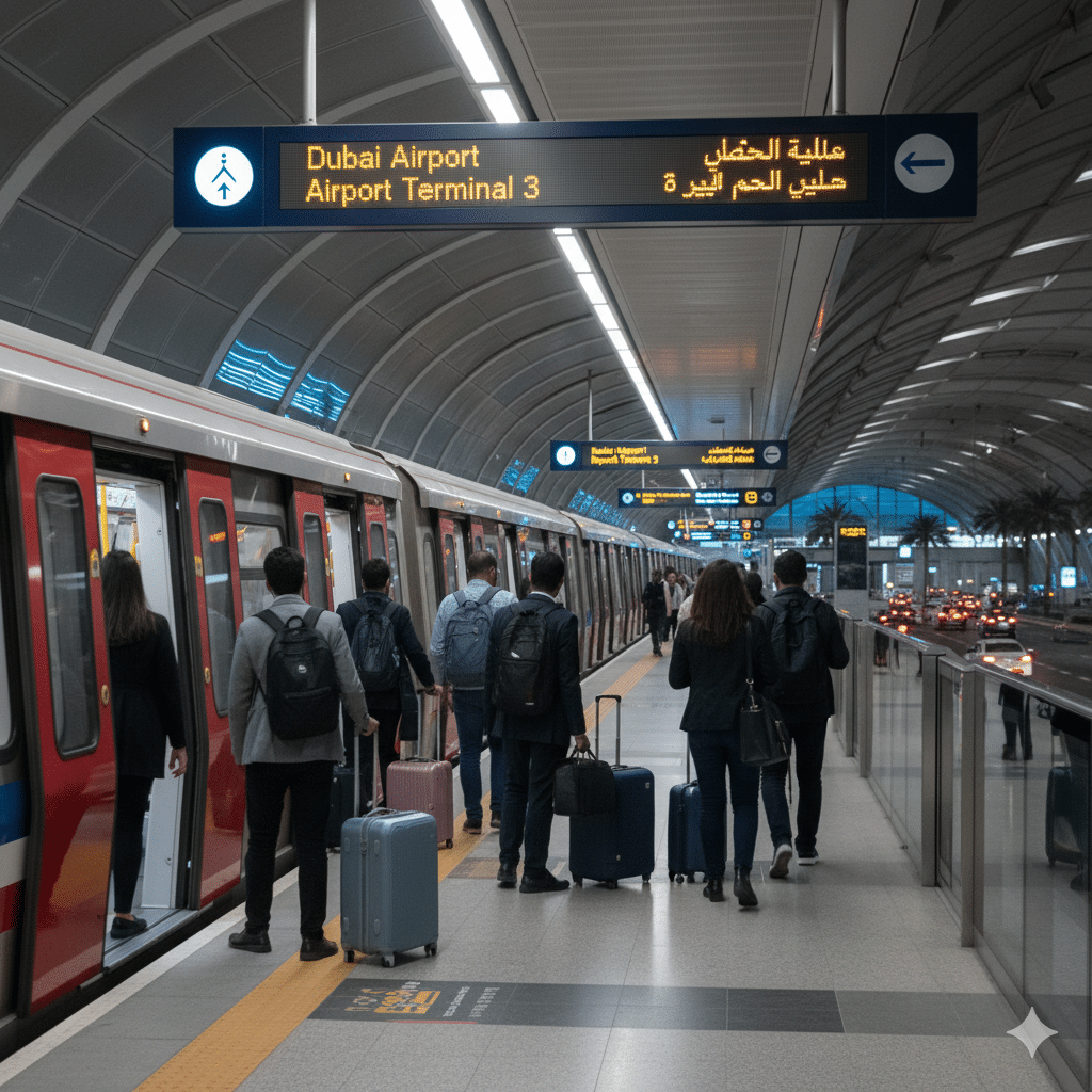 Passengers with luggage boarding a metro train at a station marked with signs for Dubai Airport Terminal 3.