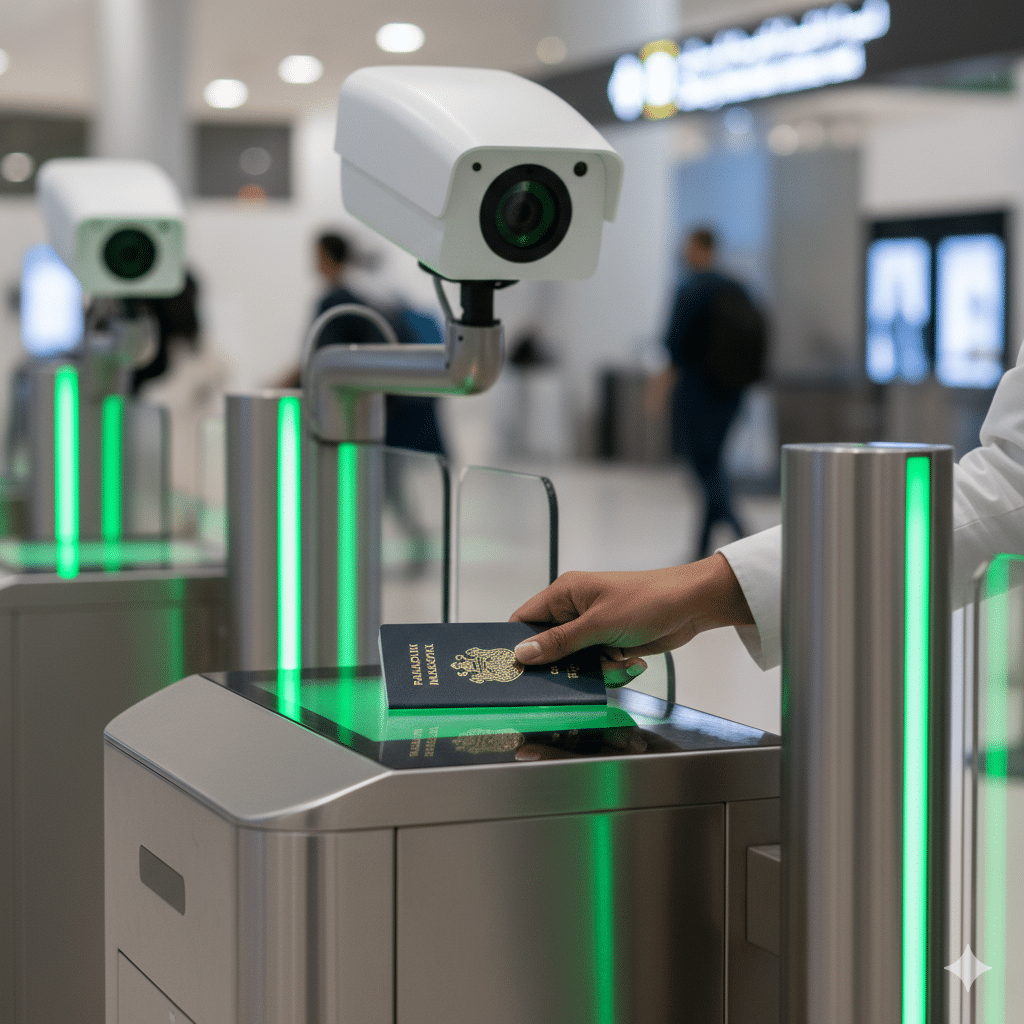 A person scanning their passport at an automated airport passport control gate with green lights and a security camera overhead.