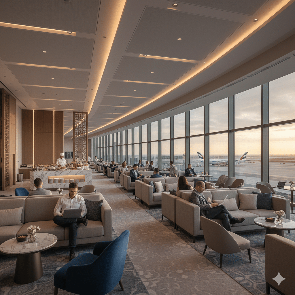 A spacious airport lounge with modern furnishings, large windows overlooking the tarmac, and people sitting on sofas working on laptops. The lounge has a buffet area with a chef and various seating arrangements.