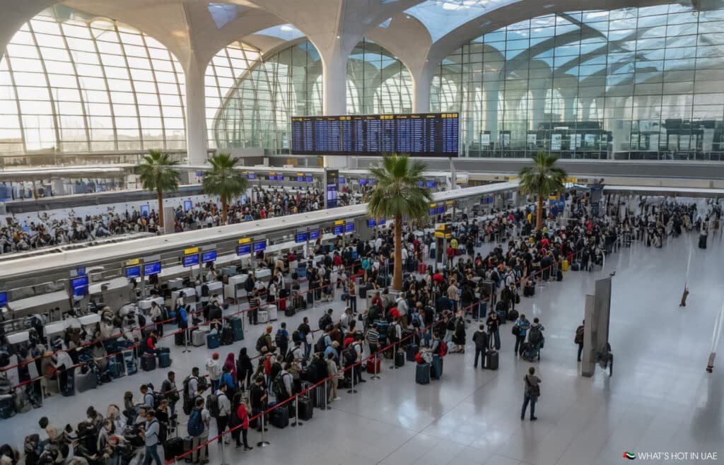 A crowded airport terminal with long lines of passengers waiting at check-in counters, large windows, and high ceilings.