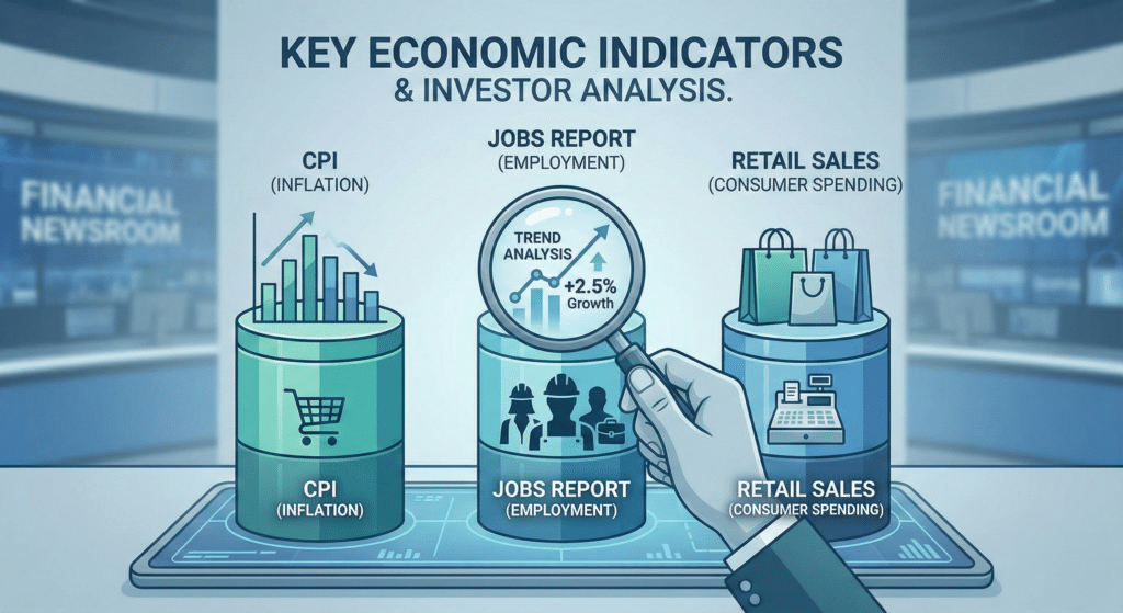 An illustration depicting key economic indicators: CPI (Inflation) with a shopping cart icon and upward trend graph, Jobs Report (Employment) with silhouettes of workers and a magnifying glass showing a trend analysis of +2.5% growth, and Retail Sales (Consumer Spending) with shopping bags and a cash register, set in a financial newsroom background.