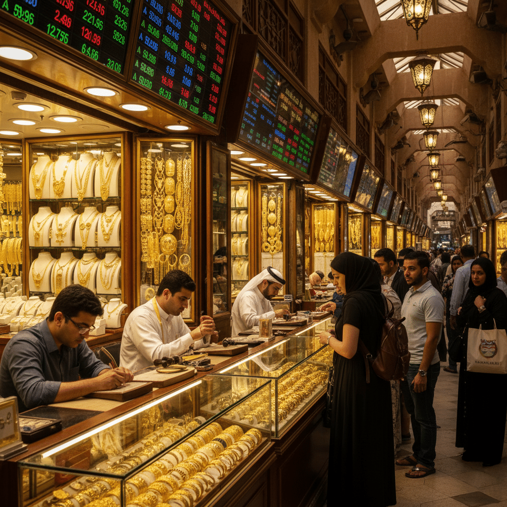 A bustling indoor market with customers examining gold jewelry displayed in glass cases, with digital boards showing currency exchange rates above the shops.