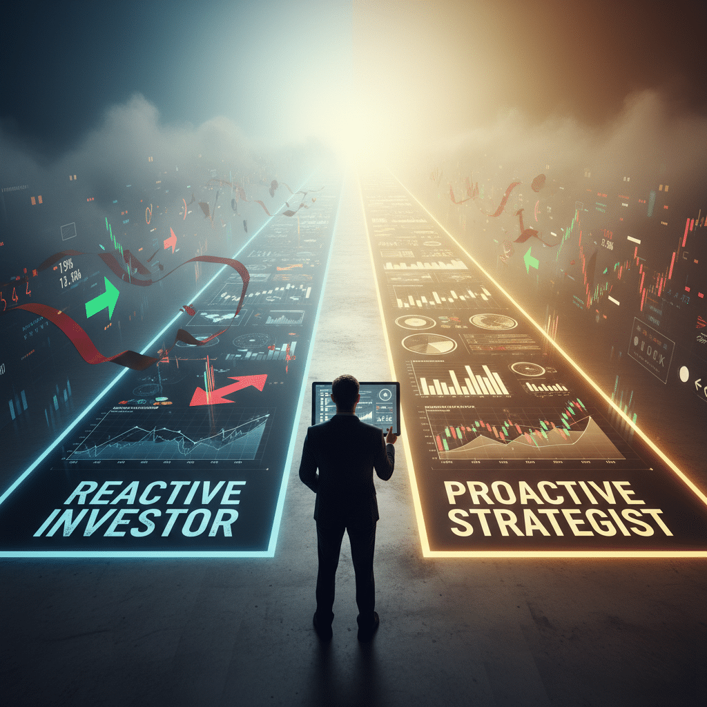 A person stands at a futuristic interface with two pathways labeled 'Reactive Investor' and 'Proactive Strategist,' highlighting different data visualizations and charts on each side, symbolizing different investment approaches.