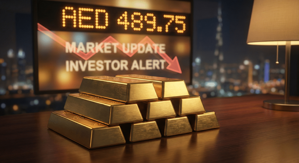 A stack of gold bars on a table with a digital display in the background showing a price of AED 483.75, along with the text 'Market Update' and 'Investor Alert' next to a downward red arrow, suggesting market volatility.