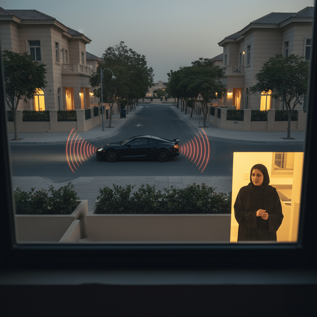 A black sports car is parked on a residential street between modern houses with illuminated windows. An inset shows a person in a dark outfit, possibly a robe, standing inside one of the homes, looking outward. Red Dubai Noise Radars-like lines emanate from the car, suggesting a security or detection system.