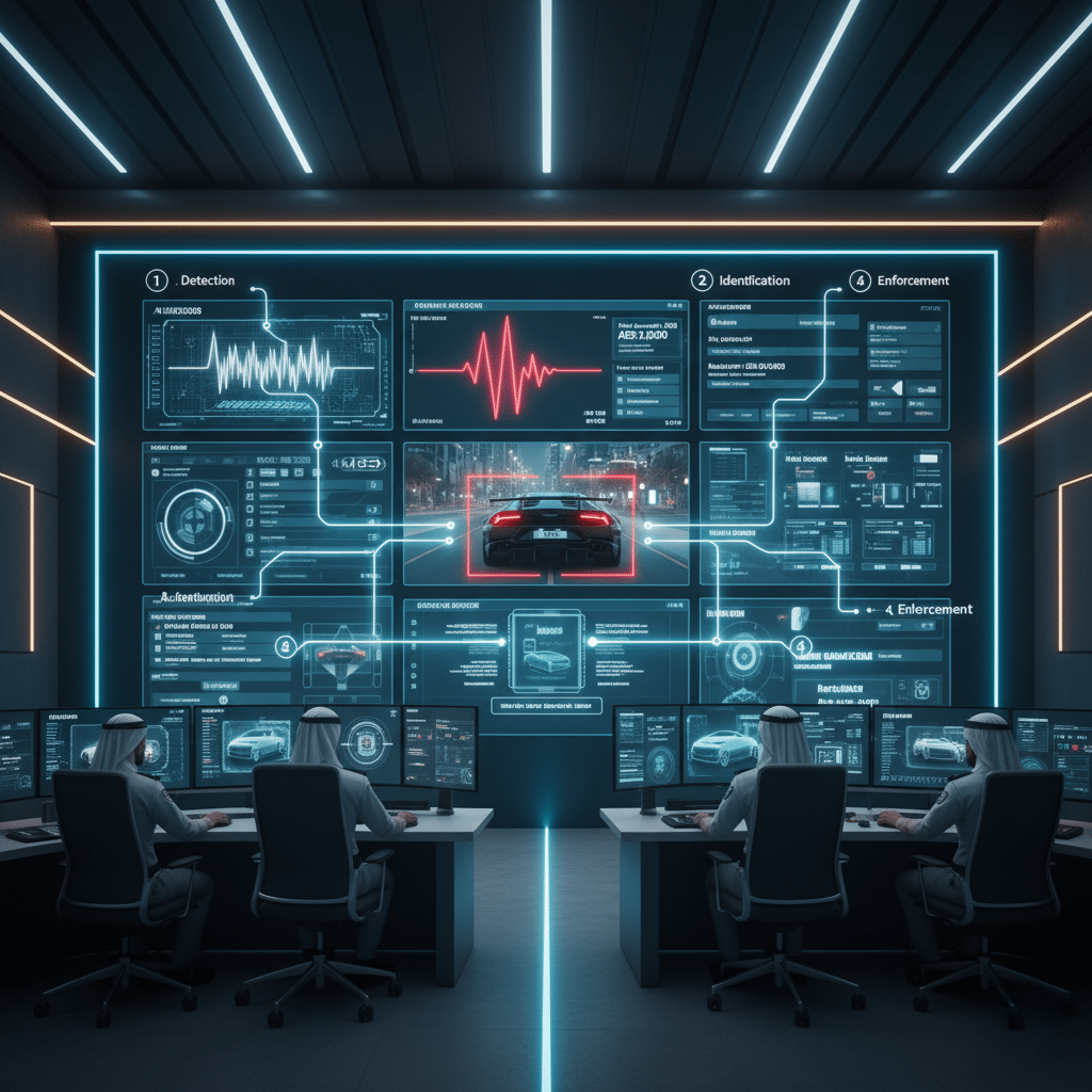A high-tech command center with multiple individuals in traditional attire working on computer stations while monitoring a large digital display wall. The screen shows complex data and graphics, including Dubai Noise Radars vehicle detection and enforcement systems, with a central image of a car highlighted for identification.
