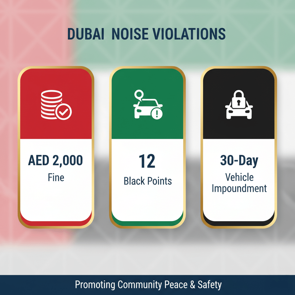 Infographic detailing Dubai noise violation penalties: AED 2,000 fine, 12 black points, and 30-day vehicle impoundment. The background features a faint image of the UAE flag, and the text at the bottom reads "Promoting Community Peace & Safety."
