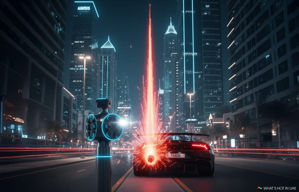 A futuristic cityscape at night featuring a sleek sports car with a license plate reading "T4NOR" on a road. The car is emitting bright sparks as it speeds past neon-lit skyscrapers, and a high-tech camera or sensor device is positioned on the left sidewalk, also illuminated by blue and red lights.