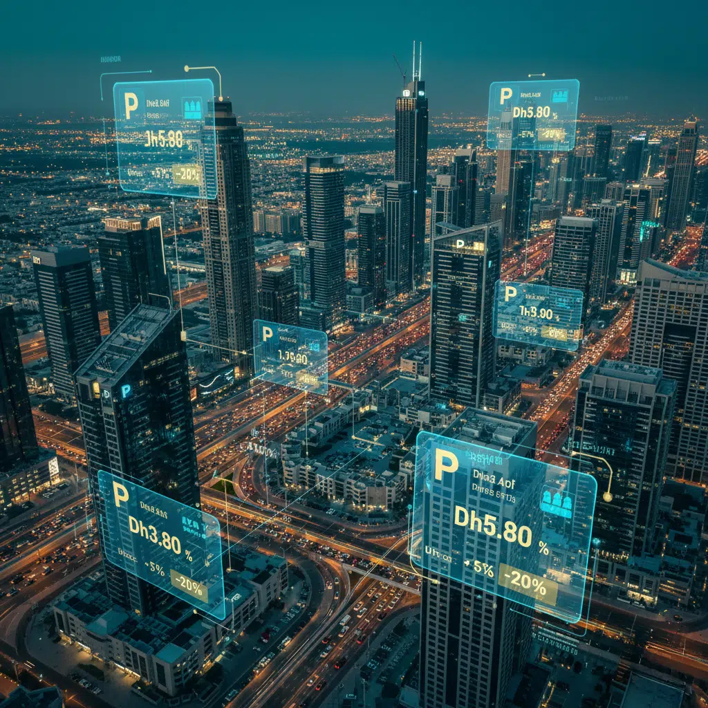 Dubai Parking Fees: Aerial view of a modern cityscape at night with virtual transparent parking rate signs floating above the skyscrapers.