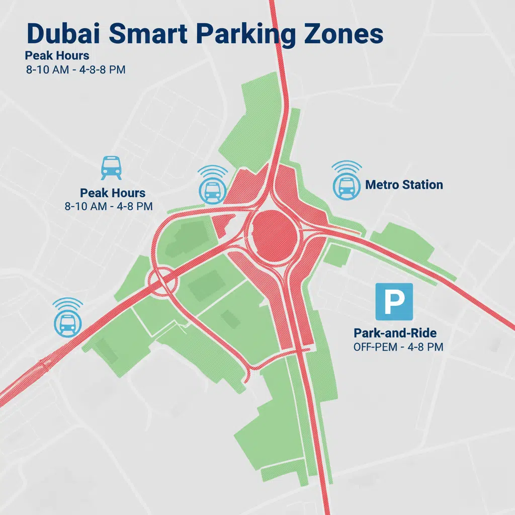 Map of Dubai Smart Parking Zones highlighting peak hours as 8-10 AM and 4-8 PM, with designated areas for metro stations and park-and-ride options marked.