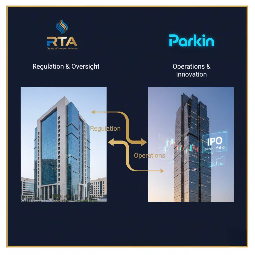 An infographic showing two buildings representing the RTA (Roads of Transport Authority) and Parkin, along with text indicating "Regulation & Oversight" for RTA and "Operations & Innovation" for Parkin. Arrows labeled "Regulation" and "Operations" connect the two, and "IPO" is displayed next to the Parkin building.