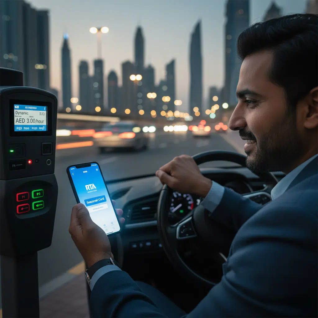 Dubai Parking Fees: A man in a car smiles while holding a smartphone displaying a transportation app. The car is parked next to a parking meter showing a rate of AED 3.00 per hour. The background features a cityscape with skyscrapers and blurred lights, indicating evening time.