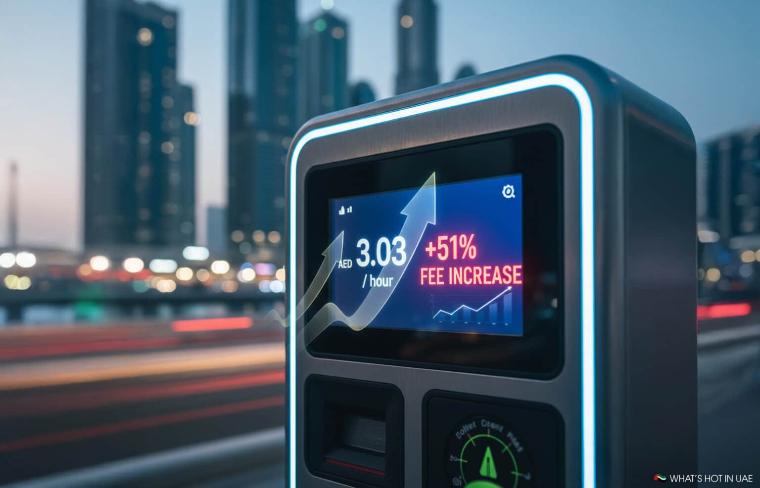 Electric vehicle charging station display showing a fee increase of 51% to AED 3.03 per hour, with illuminated buildings in the background during dusk.