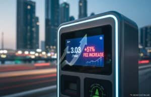Electric vehicle charging station display showing a fee increase of 51% to AED 3.03 per hour, with illuminated buildings in the background during dusk.