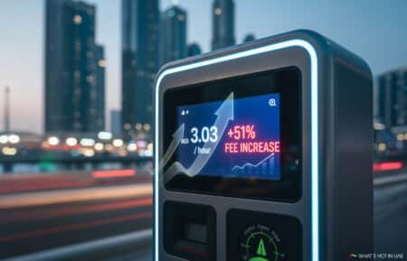 Electric vehicle charging station display showing a fee increase of 51% to AED 3.03 per hour, with illuminated buildings in the background during dusk.