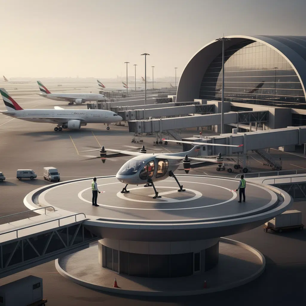 A futuristic airport scene with a small, sleek, two-seater Dubai's Flying Taxi Service resembling a drone on a raised helipad. Two ground crew members in reflective vests stand nearby. The main terminal building with a curved glass facade is in the background, alongside several large commercial jetliners parked at their gates.