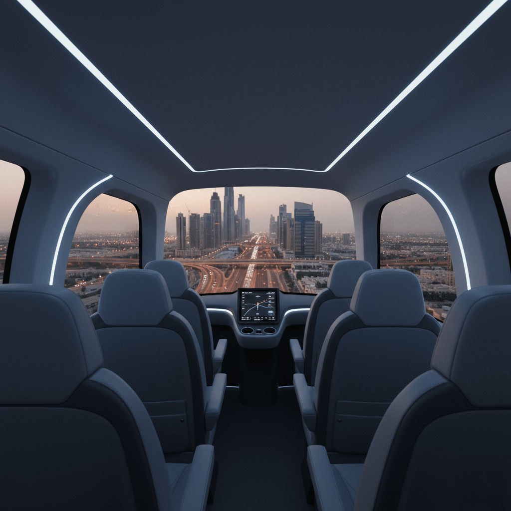 Interior view of a futuristic Dubai's Flying Taxi Service vehicle with a panoramic window, showing a cityscape with skyscrapers at dusk. The vehicle has multiple gray seats and a central dashboard screen displaying navigation information.