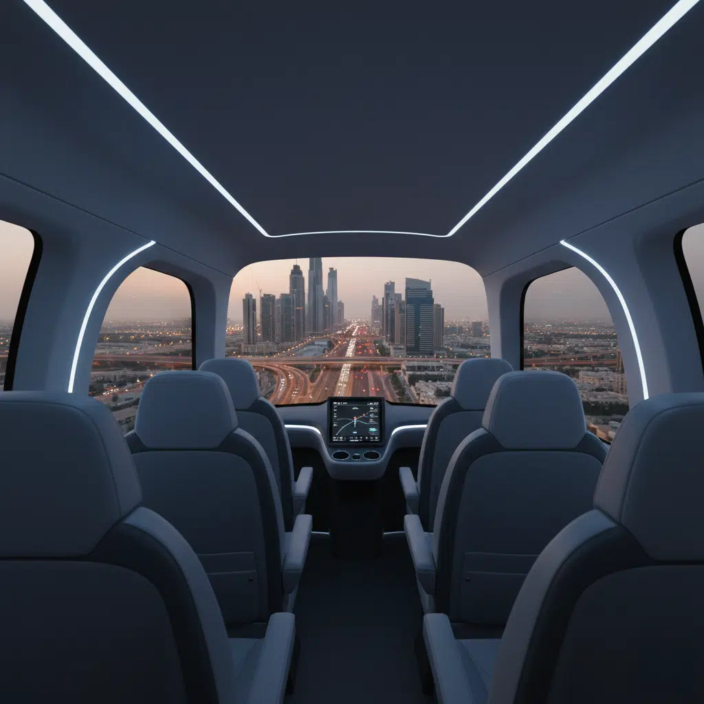 Interior view of a futuristic Dubai's Flying Taxi Service vehicle with a panoramic window, showing a cityscape with skyscrapers at dusk. The vehicle has multiple gray seats and a central dashboard screen displaying navigation information.