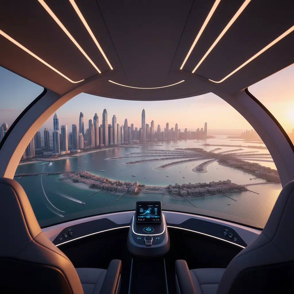 View of a futuristic cityscape and Palm Jumeirah from the interior of a high-tech flying vehicle, under a soft sunset sky.