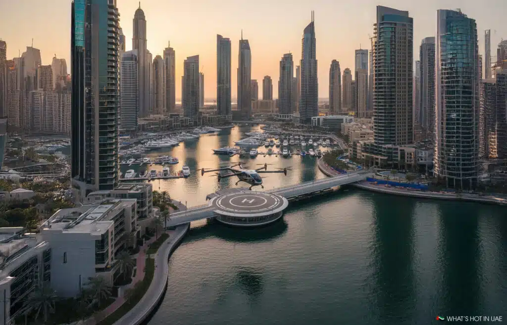 Aerial view of a modern cityscape with a helipad in the foreground, featuring skyscrapers and a marina with moored yachts at sunset.