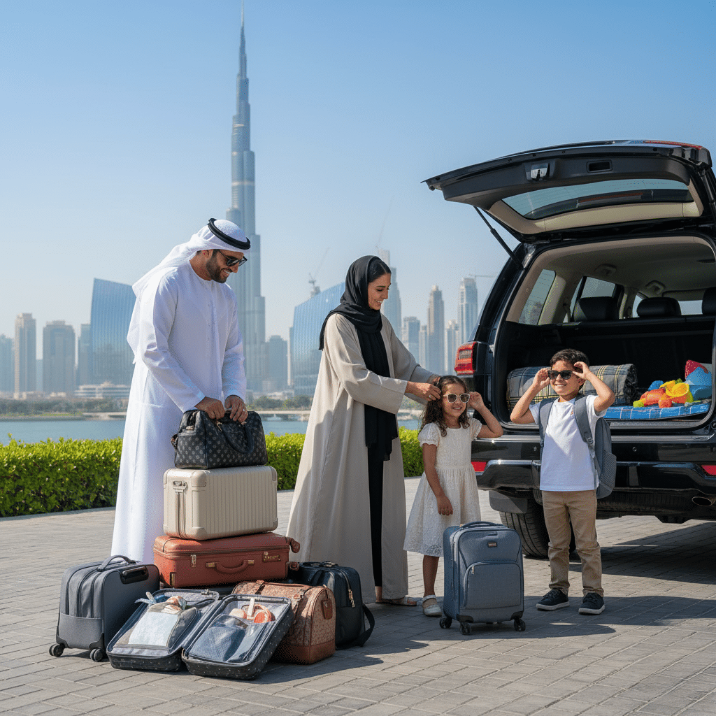 Eid Al Adha 2025 & UAE Public Holidays: A family near an open car trunk, with luggage around, in front of a cityscape featuring a tall skyscraper.