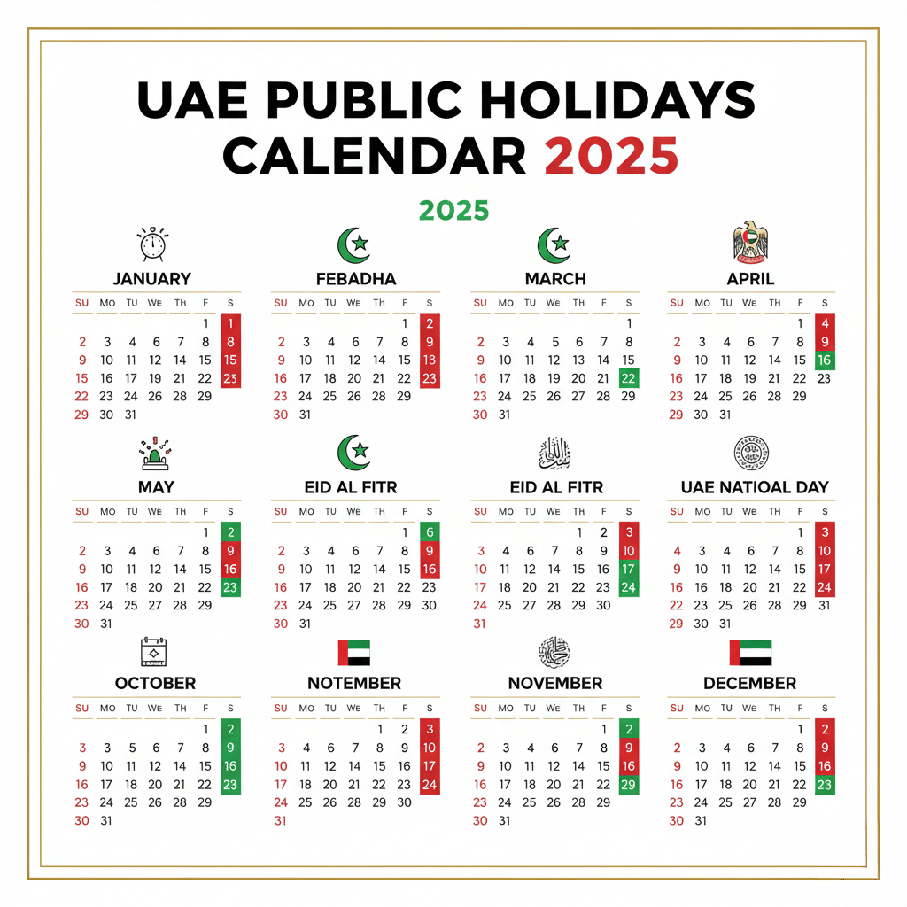 Eid Al Adha 2025 & UAE Public Holidays: A 2025 UAE public holidays calendar. Includes marked holidays with symbols for January 1, February 2, March 29, April 16, May 2-5, May 23, June 6, June 16, July 24-27, August 2, October 2, October 23, November 10, November 23, November 30, December 1, and December 2. Each month is displayed with weekends and holidays highlighted.