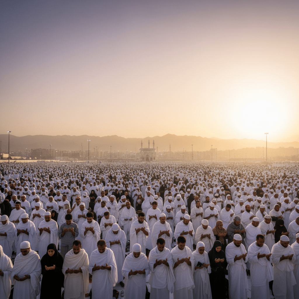 A large gathering of people dressed in white robes are performing prayers at dawn, with a mosque and mountains visible in the background under a clear sky.